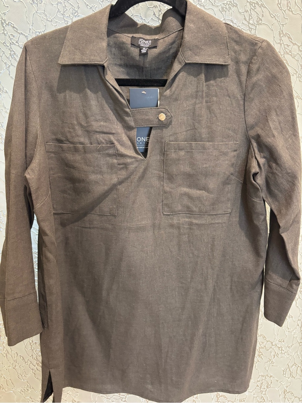 Jones New York Dark Brown Collared Tunic with Patch Pockets